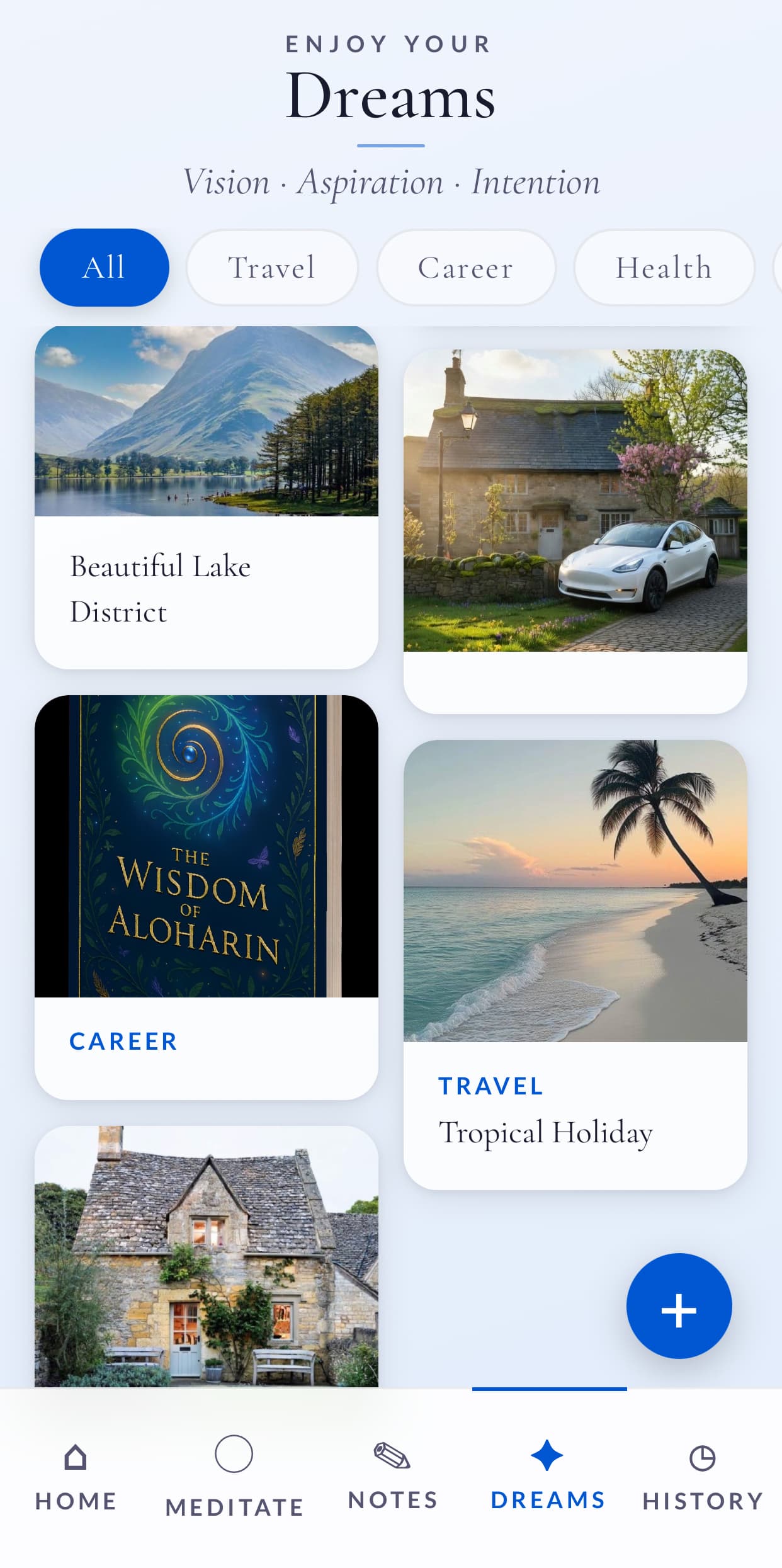 Dreams vision board with photos and categories