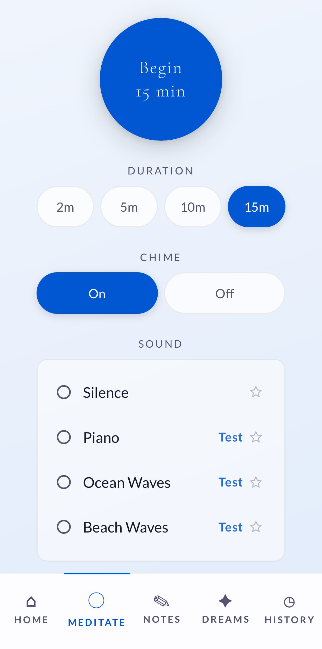 Meditation settings — duration and sound