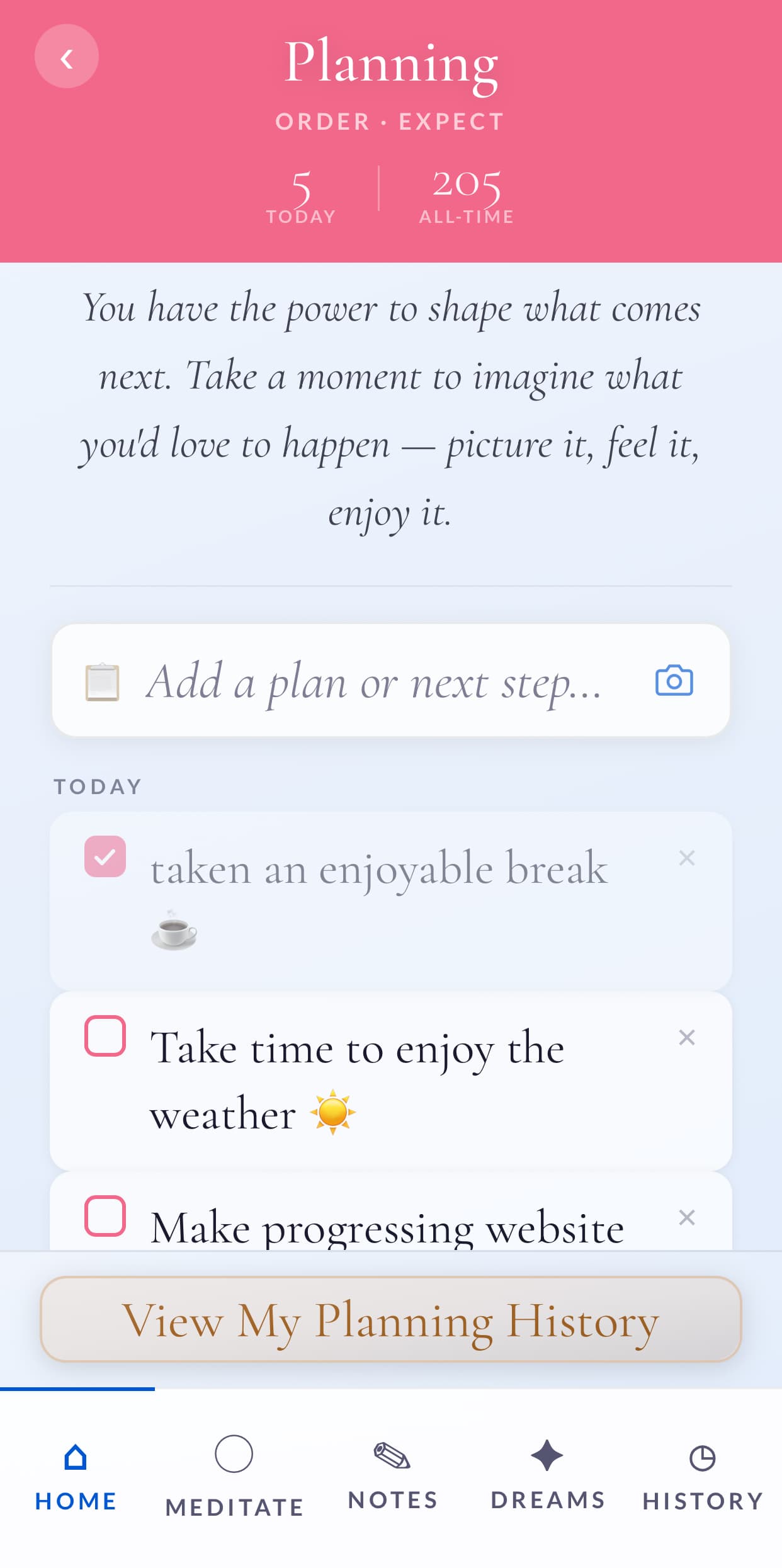 Planning screen with daily goals